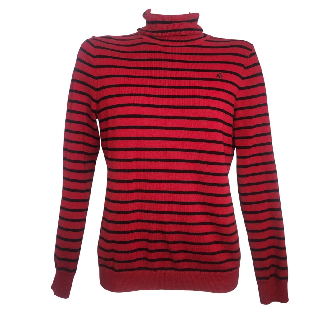 Lauren Ralph Lauren Red Black Striped‎ Turtleneck Cotton Sweater Womens M Luxury